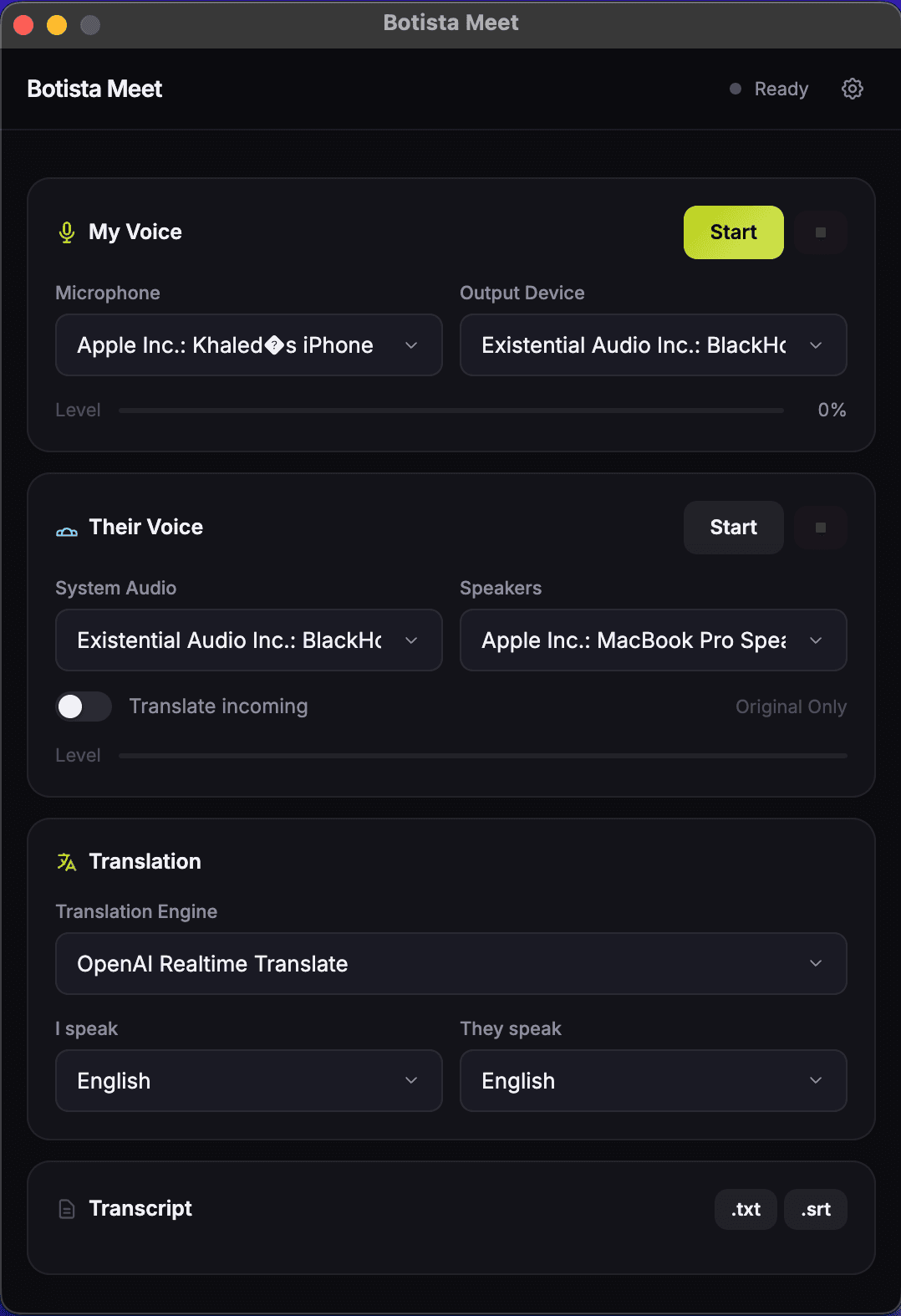 Botista Meet desktop app showing outgoing and incoming translation channels
